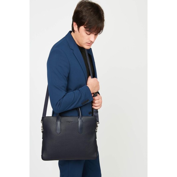 Επαγγελματική Τσάντα - Χαρτοφύλακας Δερμάτινος Lancaster Milano Genttlemen 370-16 Bleufonc